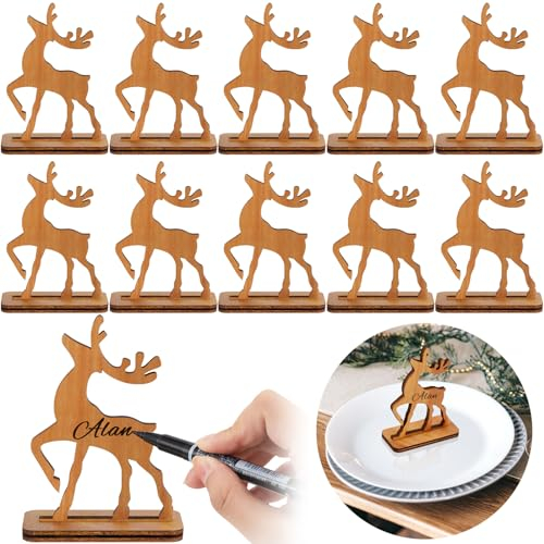 Gulfmew 12 Tarjetas de Lugar de Reno Navidad Tarjeta de Lugar de Mesa de Madera Independiente 3D Tarjeta de Asiento Rústica Decoración de Mesa Festiva de Nombre de Invitados de Navidad con Marcador