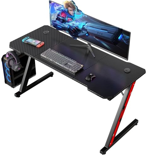 Homall Gaming Tisch 140 x 60 cm, Z-Frame Gamer Schreibtisch mit Kopfhörerhaken & Getränkehalter, Kohlebeschichtung Ergonomischer PC Computertisch, Stabiler Tisch