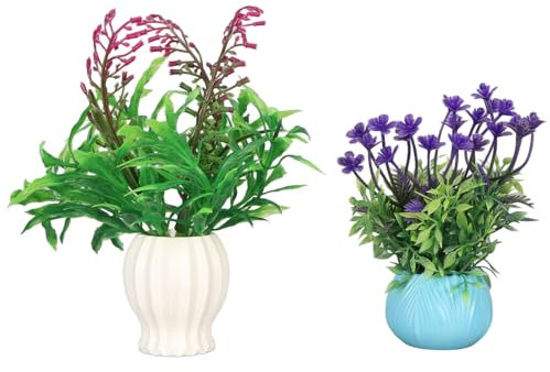 Lot de 2 Fleurs Artificielles pour Décoration D'aquarium, Simulation D'aquarium, Fausse Fleur, Ornement D'aménagement Paysager avec Vase en Résine, Décoration de Plantes Aquatiques pour Aquarium, Déco