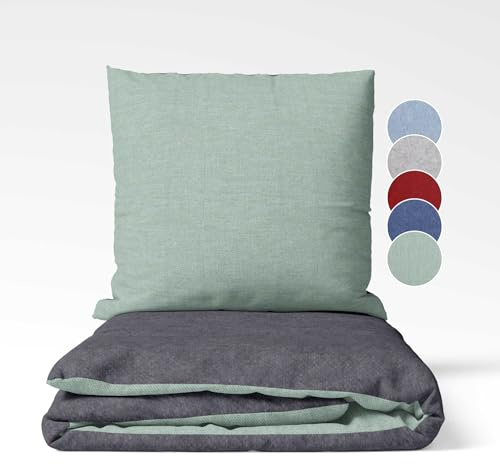 sleepling Set Biancheria da Letto Biber, in Fino Biber 155 x 220 cm, Biancheria da Letto Reversibile Salvia-Grigio Scuro, 1 Copripiumino e 1 Federa 80 x 80 cm, Oeko-Tex, Lavabile fino a 60 Gradi