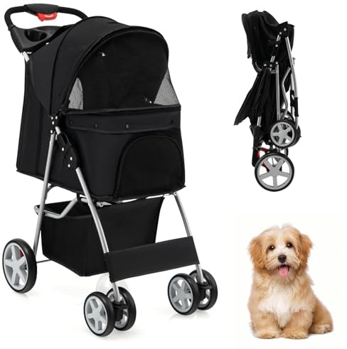 SOARS Hundebuggy, Hundewagen bis 15kg klappbar, Katzenwagen mit Netzfenstern & Getränkehalter & Aufbewahrungskorb, Haustier-Kinderwagen für kleine Haustiere (Schwarz) | Haustierwagen Transportwagen Transportbox Transportwagen Reisekinderwagen mit Dach für Welpen, 87 x 46 x 102 cm