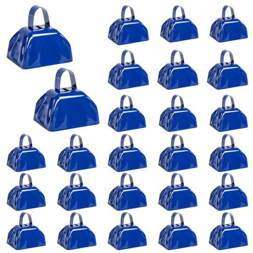 24 PCS Metal Cowbell with Handle, 3 Inch Cow Bells Noise Makers for Sporting, Bulk Small Cowbells Loud Bells Noisemaker Call Bells for Football Games Wedding Cheering, New Year's Eve (Blue)