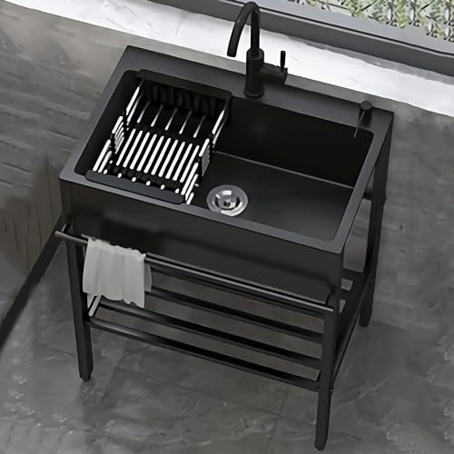 Atkits Portable Sink Unit No Plumbing Free Standing Stainless Utility Sink Laundry Sink, Black Single Bowl Kitchen Sinks Handwashing Station,68x45 cm