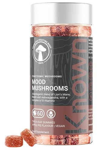 Known Mood Mushrooms Gummies - Lion’s Mane, B Vitamins - Brain Health & Hormone Balance - Natural Apple Pie Flavour - 60 Vegan Gummies, 1 Month Supply