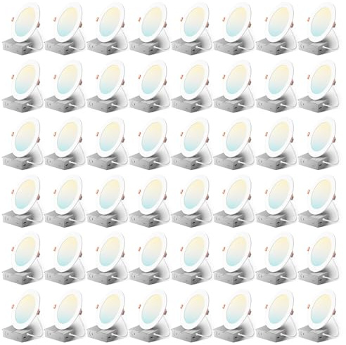 Amico 48 Pack 6 Inch 5CCT Ultra-Thin LED Recessed Ceiling Light with Metal Junction Box, 2700K-5000K Selectable, 12W Eqv 110W, Dimmable Canless Wafer Downlight with Plastic Trim, 1050 Lumens -ETL&FCC