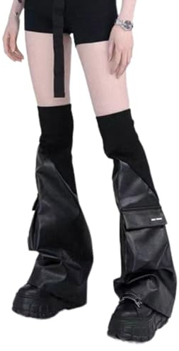 TAZIZI Elastische Bündchen für Damen, PU-Leder, Gothic-Beinstulpen, Punk, lange kniehohe Stiefel, Socken mit Taschen, BK, One size