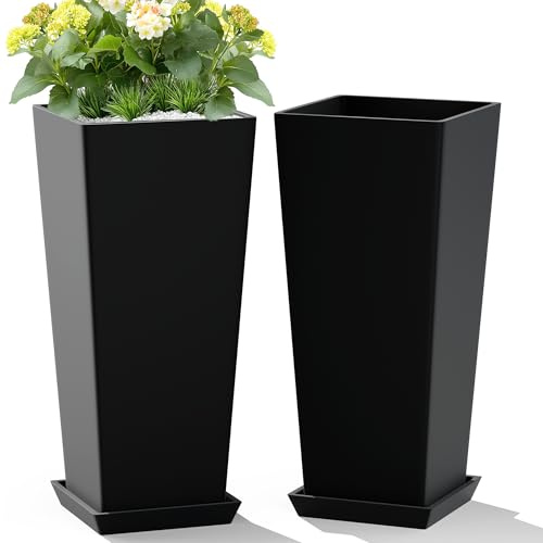 TUYOHW Set mit 2 großen, hohen Pflanzgefäßen für den Innen- und Außenbereich, 61 cm hoch, konisch, hohe Pflanzgefäße mit Tablett für Veranda, Terrasse, Hinterhof, große Pflanzgefäße für Innen- und