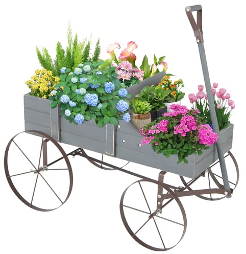 GYMAX Scaffale Porta Piante, Carrello Fioriera da Giardino, in Legno di Abete e Ferro con 4 Ruote e Manico Regolabile, 62 x 34 x 61 cm (GRIGIO)