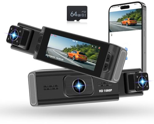 Dash Cam Doppia Telecamera Anteriore e Interno, Schermo IPS 3,16 Pollici Dash Camera con Scheda, Hodozzy WiFi Dashcam 1080P Telecamera per Auto con Controllo APP, Registrazione Loop, Visione Notturna