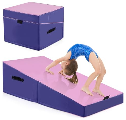 COSTWAY Materassino Ginnastica, Tappetino da Ginnastica Pieghevole con Schiuma EPE e Pelle PVC Antiscivolo e Maniglia, Tappetino da Esercizio a Forma di Cuneo per Casa e Palestra (Rosa e viola)