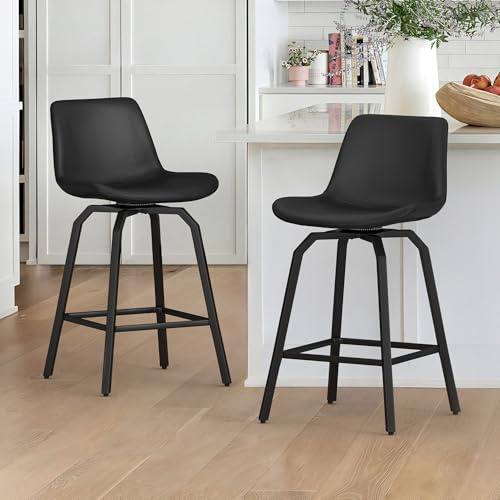 LUE BONA 360°Drehbarer Barhocker 2er Set mit Lehne,66cm Hoch Drehsessel–Barstuhl Metall mit Kunstleder Sitzfläche,Bar Hocker mit 4 Metallbeinen,Moderner Barstuhl für Küche,Theke,Schwarz