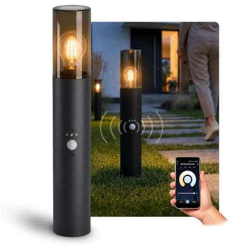 SSC-LUXon VARDA Standleuchte Bewegungsmelder Smart E27 WLAN App warm-kalt | Standleuchte mit Bewegungs- & Dämmerungssensor - per App & Alexa steuerbar, warmweiß bis kaltweiß, für Wege & Einfahrt, IP44