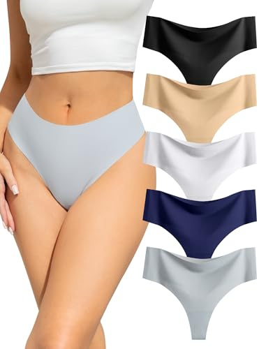 VOENXE Seamless Women Underwear Thongs,High Waisted No Vpl Ladies Knickers | No Show Brazilian Pants Multipack,Invisible Comfortable Soft Gym Panties,Seam Free Workout String Tanga,5 Pack