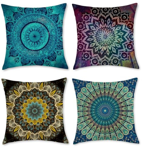 BREASOME Cushion Covers 45 x 45 cm Set of 4 Boho Mandala Cushion Covers Polyester Decorative Square Throw Pillow Cases for Sofa Couch Bedroom Living Room