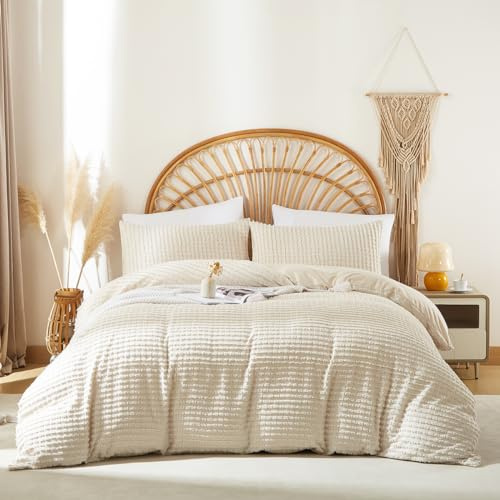 Covebett Bettwäsche 200x200 Beige Gestreift Boho Getuftet Streifen Wendebettwäsche Set Uni Bohemian Shabby Chic Aesthetic Gewaschene Mikrofaser Bettbezug und 2 Kissenbezug 80x80cm Reißverschluss
