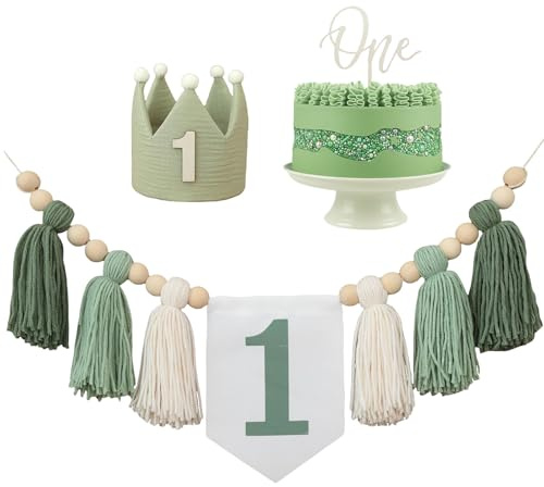 GlamRays 1er Anniversaire bannière pour Chaise Haute décoration de fête Verte pour Fille garçon bébé Douche Chambre d'enfant (avec 1 Pancarte en Bois “One”)