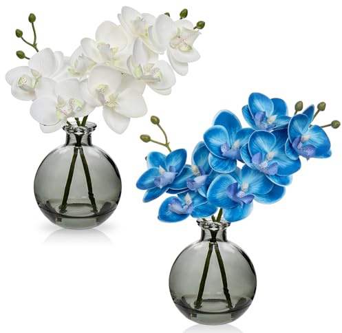 2 pcs Künstliche Orchideen Weiß Blau mit Schwarz Glasvase, Kunstpflanze Decor Orchideen Kunstblumen im Vase mit Real Touch Blüten, Gefälschte Orchideen Künstliche Bonsai für Hotel Wohnzimmer Büro