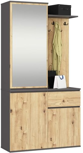 AKORD Garderoben-Set ENTRO Schwarz 95 cm - Kompaktgarderobe Schmaler Flur - 3 Türen, 1 Schublade - 7 Regalböden - Flurgarderoben Modern - Flur Möbel, Industrial Stil Grafitgrau & Eiche Artisan