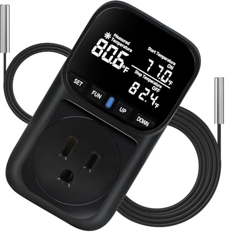 1800W Digital Thermostat for Reptile Tank, -40℉~210℉, Plug in Thermostat for Heater/Greenhouse with 5m/2m Cable, 15A Temperature Controlled Outlet with VA Display, Temp ±0.1°F, Black