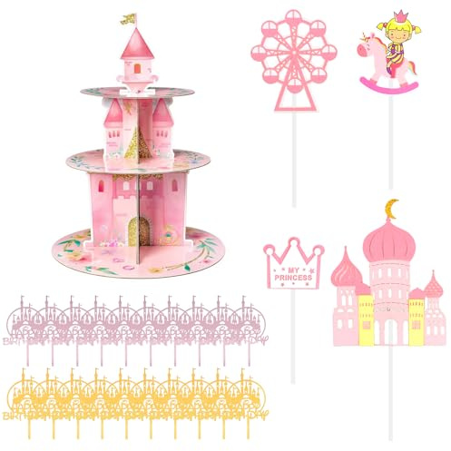 Aohyue Supporto per cupcake a 3 piani, decorazione per feste, principesse floreali, porta cupcake, castello rosa, con 24 personaggi di castello, torre da dessert per ragazze, compleanno, tema