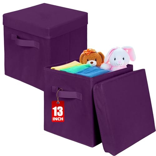 powerking Aufbewahrungsbox Behälter, 2 Pack klappbarer Stoff Aufbewahrung Würfel mit Deckel, Kleidung Organizer Schublade für Schrank und Spielzeug Aufbewahrung, 33 x 33 x 33 cm,Tief Lila