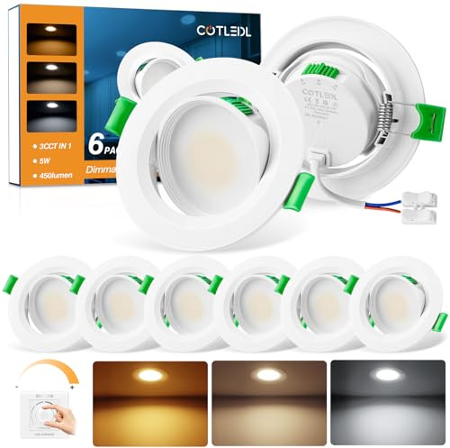 6pcs Downlight LED Techo Empotrable Regulable, 5W 450LM Focos Interior Techo Empotrable Blanco Cálido 3000K Blanca Neutro 4000K Blanco Frío 6000K, IP44 Ojos de Buey LED para Baño, Corte Ф68-80mm