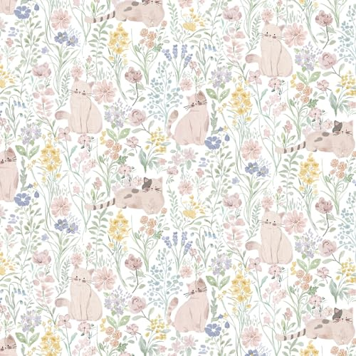 Yomshi Peel and Stick Wallpaper Pink Cat and Floral Contact Paper 44 x 300 cm Lovely Retro Wallpaper Vinyl Wrap for Furniture Bedroom Living Room Hallway Thicken Waterproof Self Adhesive