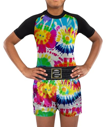 O2TEE Kids Bright Tie Dye BJJ Rash Guard Boxing Shorts MMA Sports Suit, XS 4-5 Yrs Old
