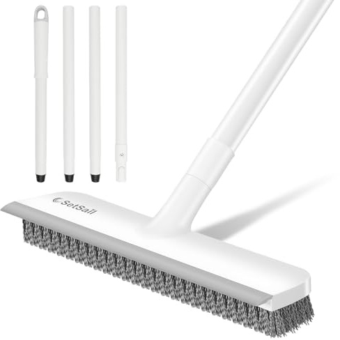 SetSail Floor Scrub Brush, Scrub Brush with 48-Inch Long Adjustable Handle 2 in 1 Scraper Brush Stiff Bristle Floor Scrubber for Cleaning Bathroom Shower Kitchen Garage Deck Tilb Tub, White