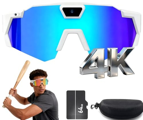 rialgirw Pov Occhiali da sole da baseball 4K con fotocamera, aggiornamento 2026 4K HD Pov Sport Smart Recording Occhiali da sole con audio per baseball e azione all'aperto