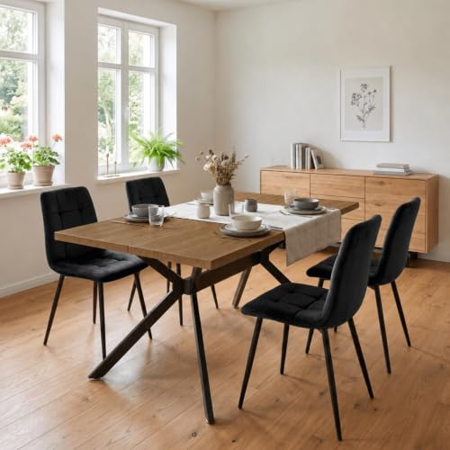 LEWE esstisch Holz mit 4 Schwarz Holländischer Samt stühlen Set | Dunkle Rechteckig Tischplatte 140 x 80 cm, Stuhl-und Tischbeine aus Metall, ergonomisch, geeignet für Küche Wohnzimmer
