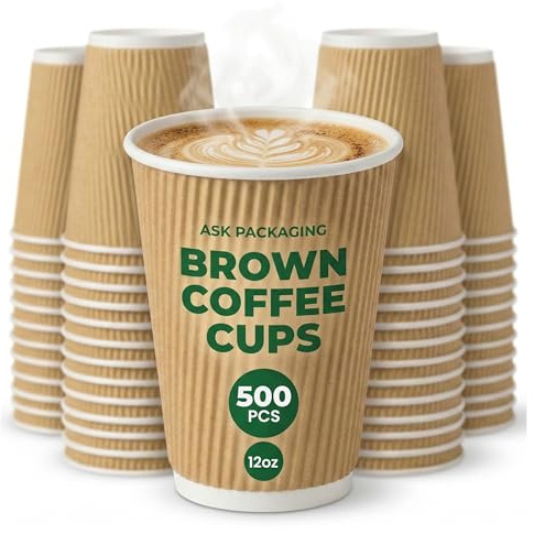 Ask Packaging 500 x Kraft 12oz Ripple Paper Cups - Strong 3-PLY Disposable Cups - Leak-Proof, Recyclable Design, Insulated Coffee Cup for Hot Drinks, Tea, and Beverages