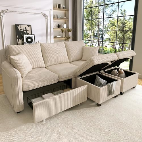 Merax Modulares 3-Sitzer Sofa-Set, Ecksofa in L-Form & U-Form mit 2 Stauraum-Hockern, Couch mit 2 Schubladen, Flexibel kombinierbare Wohnlandschaft aus Chenille, Beige
