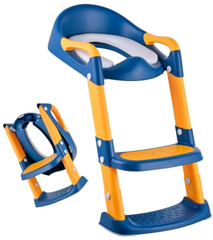 Relaxdays toalettsits för barn med trappa, blå/gul | 39–45 cm höjdjusterbar, hopfällbar, sittdyna, toaletttränare