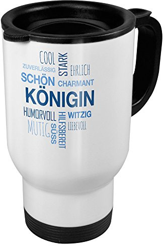 printplanet Thermobecher weiß mit Namen Königin - Motiv Positive Eigenschaften (Tag Cloud) - Coffee to Go Becher, Thermo-Tasse