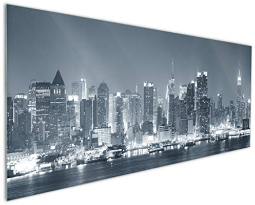 Wallario Küchenrückwand aus Glas 125 x 50 cm, Motiv: New York Skyline - Schwarz Weiß Blau | Spritzschutz abwischbar & pflegeleicht