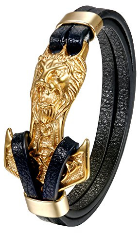 Flongo Herren Leder-Armband, Edelstahl Leder Armband Armreif Lederarmband Manschette Silber Gold Schwarz Löwenkopf Thors Hammer Motorradfahrer Biker Gotik Männer Herrenarmband Herren-Accessoires