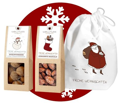 WELLNUSS Winterwunder - Premium Weihnachts-Geschenk für Männer & Frauen I 2 Nuss- & Schokoladen-Snacks im Baumwollsäckchen zu Weihnachten I Feinkost Geschenkidee für Eltern, Partner, Freunde