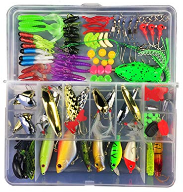 RoseFlower 106-teilige Kunstköder Set Kunstköder Gummifische Angeln mit Angelausrüstung Box - Angelzubehör Kit Inklusive Angelhaken, Würmer, Frösche, Hechtköder, Forellenköder und Weitere Zubehörteile