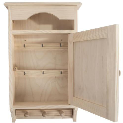 WooDeeDoo Wooden Key Box Cabinet with 6 Hooks & 3 Pegs – Wall Mounted Indoor Key Rack Organiser Cupboard for Hallway Entrance Kitchen – Natural Unpainted Wood – 19.5 x 6 x 35.5 cm