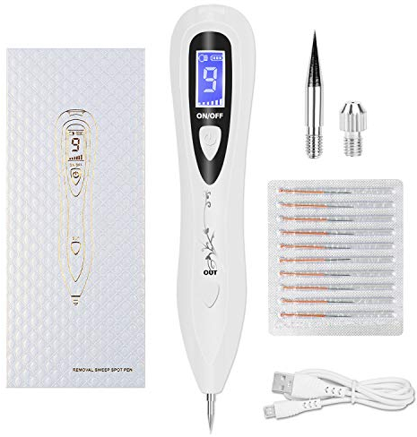 Muttermal Entfernen - VOONEEN Maulwurf Entfernen Professioneller Schönheits-Stift, mit 9 Stärke Stufen für Gesicht und Körper, Entfernung Warzen, Nävus, Muttermal, mit USB Aufladbar (Weiß)