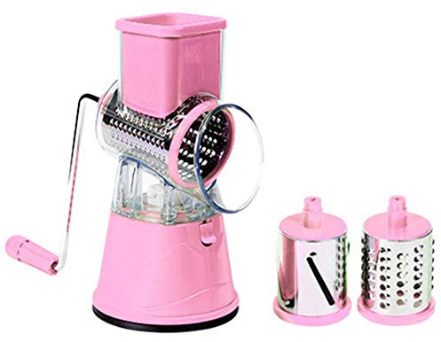 Máquina de cortar verduras y frutas, rallador giratorio de queso con 2 cuchillas giratorias de acero inoxidable, fresado manual y seguro, cortador StyleName Size rosa