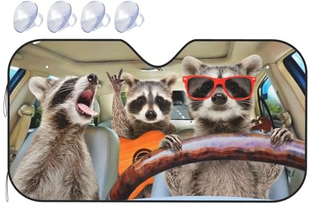 Bargburm Tres Divertidos mapaches Animales parasoles para Parabrisas para Coche, SUV, camión (51 x 27,5 Pulgadas)