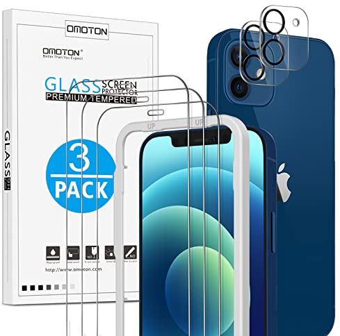 OMOTON für iPhone 12 Schutzfolie mit Rahmen-Installationshilfe, kompatibel mit iPhone 12 Kamera Glasfolie, [3+2 Stück], [Anti- Kratzer], [Bläschenfrei], [9H Härte], [HD-Klar]