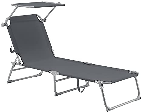 [en.casa] Sonnenliege mit Dach Getaria Liegestuhl klappbar Strandliege bis 115 kg Gartenliege mit Rückenlehne verstellbar Stahlgestell Dunkelgrau