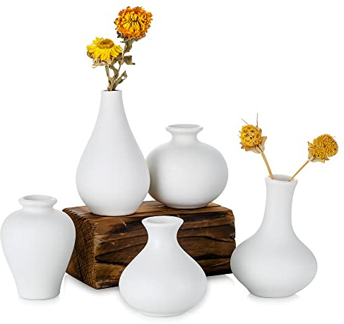 Sziqiqi Kleine Weiß Keramik Vasen 5er-Set, Mini Handmade Keramikvasen für Blumen Pampasgras Moderne Blumenvase Deko für Wohnzimmer Küche Büro Küche und Tisch