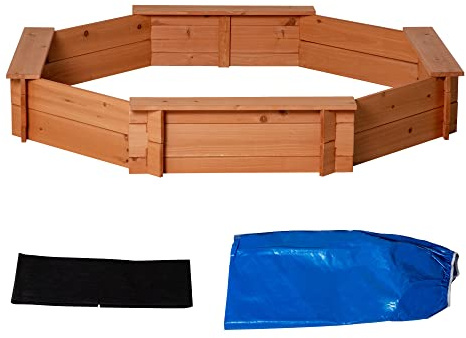 Outsunny Sandkasten mit Abdeckung 8-eckig Sandkiste aus Massivholz Bodenloses Design für Kinder 3-8 Jahre Rot+Blau 139,5 x 139,5 x 21,5 cm