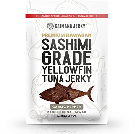 Kaimana Ahi Tuna Jerky Garlic Pepper 2 Ounce - Soft and Tasty - Premium Fish Jerky Made in the USA. High in Omega 3's, All Natural and Wild Caught