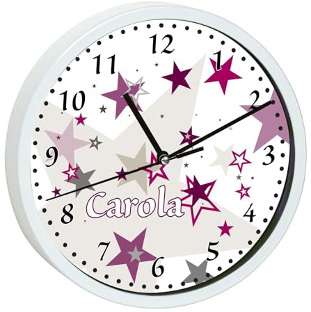 CreaDesign, Wanduhr Kinder personalisiert mit Name, Motiv Sterne Brombeere grau, Rahmen Wanduhr weiß, Ø 19,5 cm