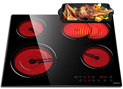 Hobsir Piano Cottura in Vetroceramica 4 Fuochi con Zona Ovale, Piano Cottura Elettrico 6600W, Piastra in Vetroceramica da incasso 59CM, Timer, Blocco di Sicurezza, Controllo Touch